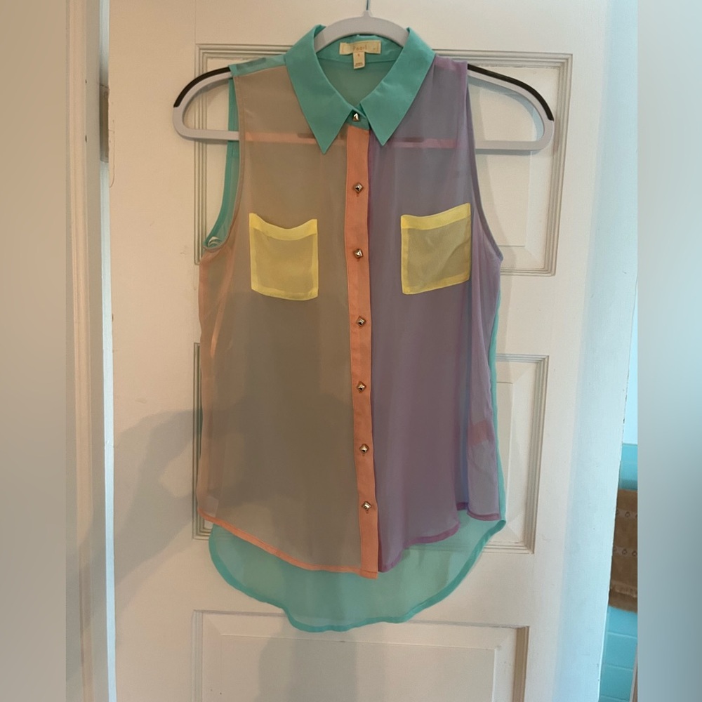 Colorful Sleeveless Button-Up Top